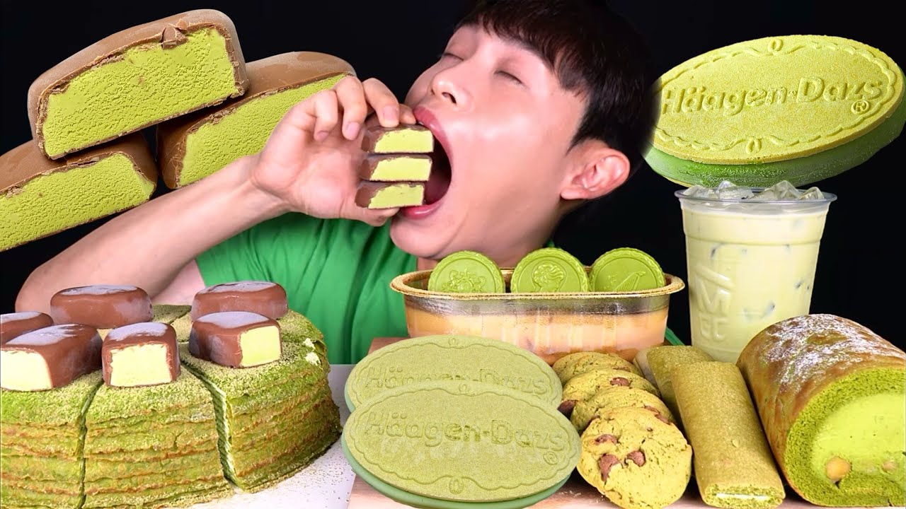 ASMR 말차크레이프 말차티코 말차하겐다즈 말차쿠키 말차크림롤 먹방~!! Green Tea Ice Cream Cookie Crepe Cake Tiramisu MuKBang~!!