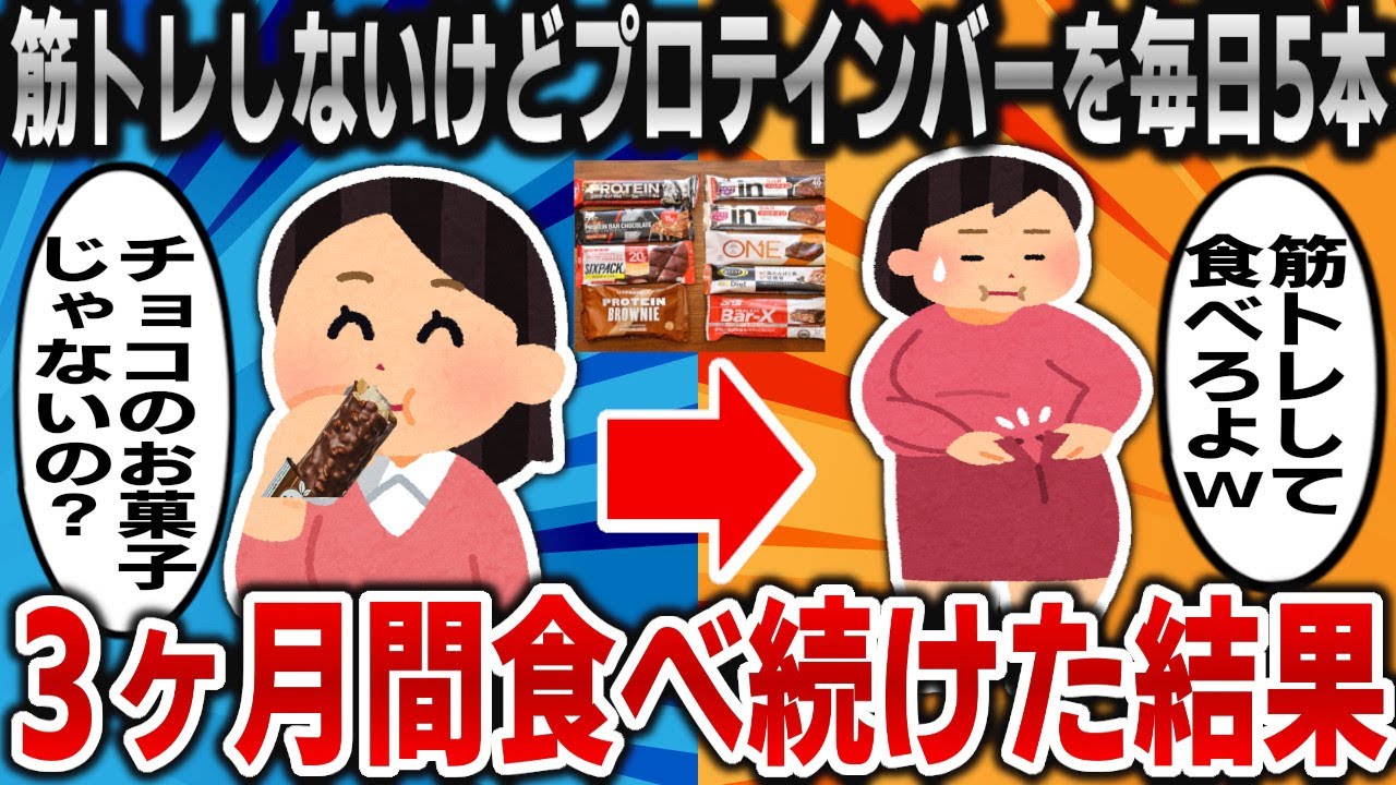 【2ch面白いスレ】筋トレしないけどプロテインバーを毎日5本、3ヶ月間食べ続けた結果ｗｗｗ【ゆっくり】