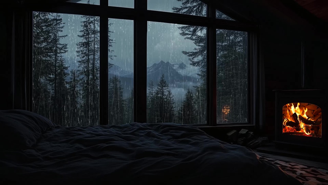 Gentle Rain Piano in a Cozy Forest Retreat 🌧️ | Fireplace Glow by the Window | Night Relaxation