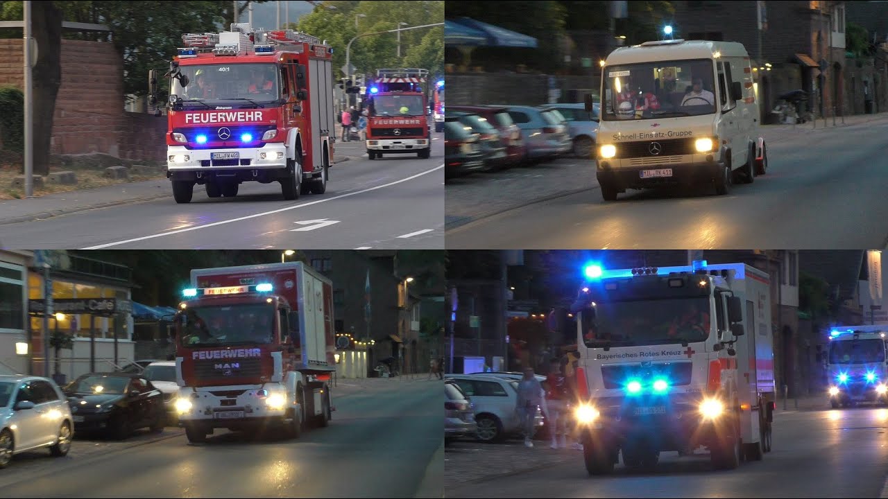 [Verpuffung in Kirmeszelt] Einsatzfahrten Feuerwehr, Rettungsdienst, Polizei und THW in Miltenberg