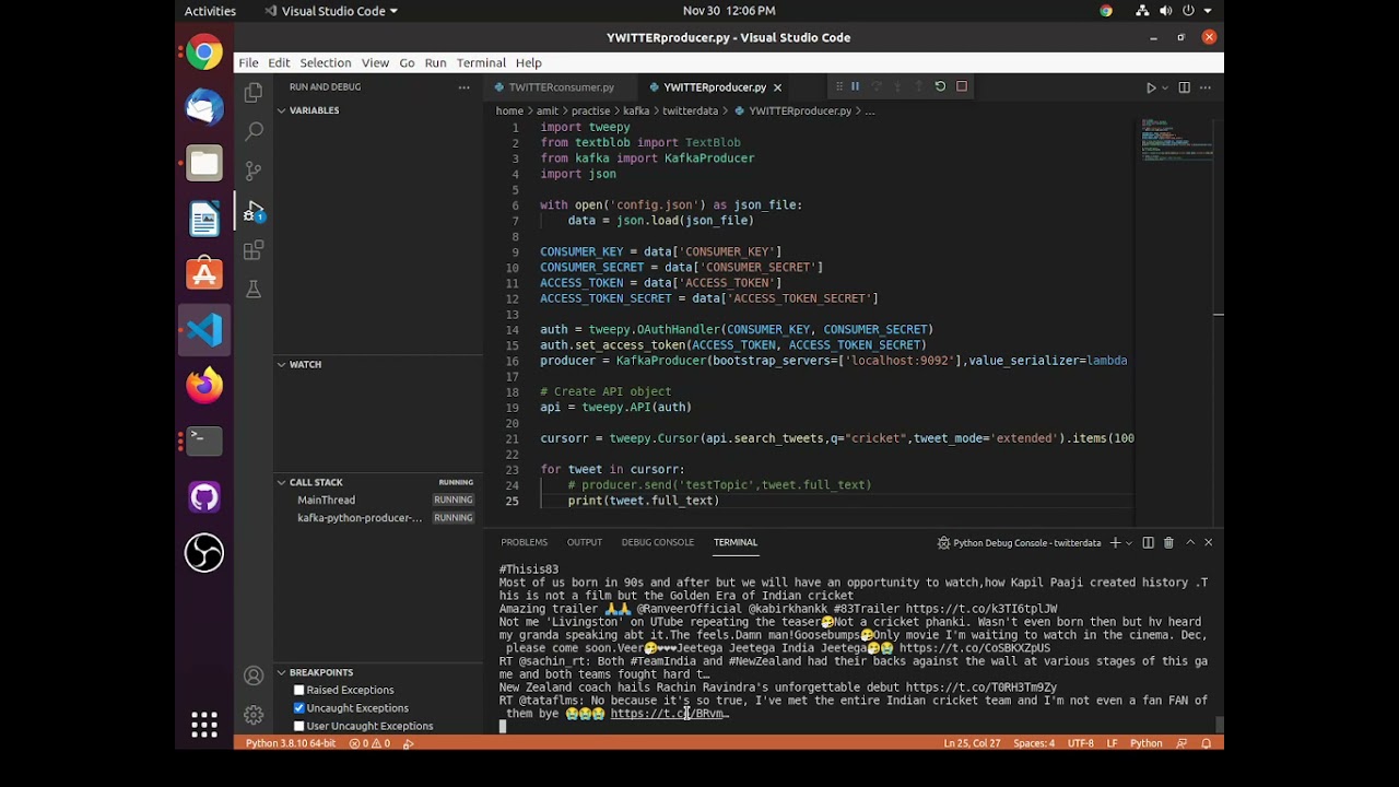 Streaming Live Tweets from Twitter and storing in HDFS using Kafka