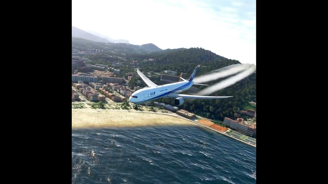 Most dangerous landing boeing 777 plane. San Sebastian airport, game