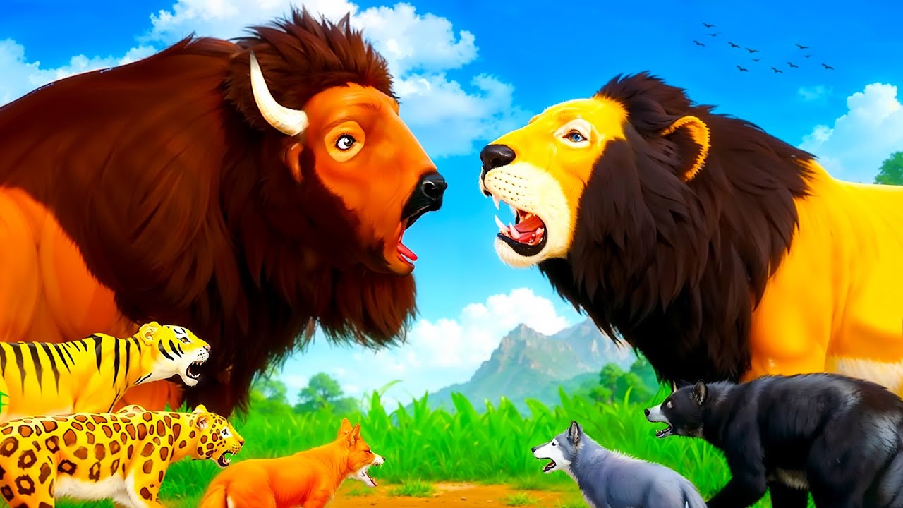 Lion vs Bison Takes the Challenge | Wild vs Farm Animals - Who will Win? Animal Kingdom