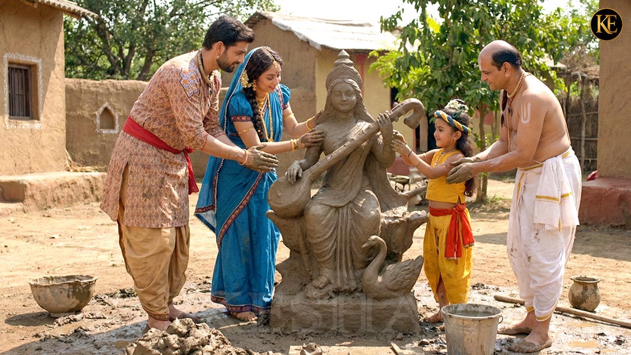 “बसंत पंचमी पर बाल कन्हा, राधा और माता-पिता संग मिट्टी से सरस्वती माँ की मूरत || YMKN ||