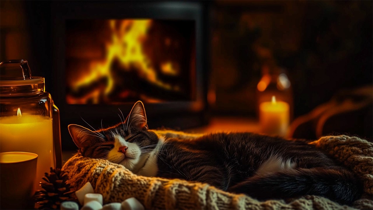 Relax With Purring Cats And A Warm Fireplace | Cozy Romantic Sleep With Crackling Fire Sounds ASMR