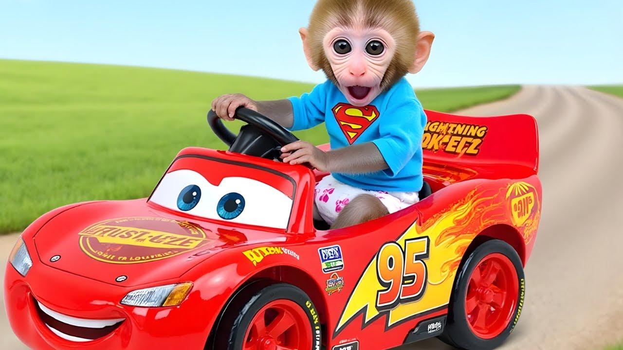 Monkey baby gets a bobby car and goes to the supermarket 🐒🚗🛒 #monkey #monkeybaby #animalshome