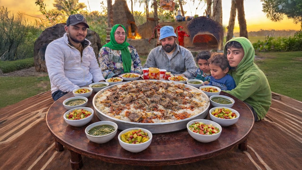 من عادات أهلينا قبل العيد 🌾 اكبر فته بالعيش الرحالي زى زمان باللحمة المحمرة والملوخية