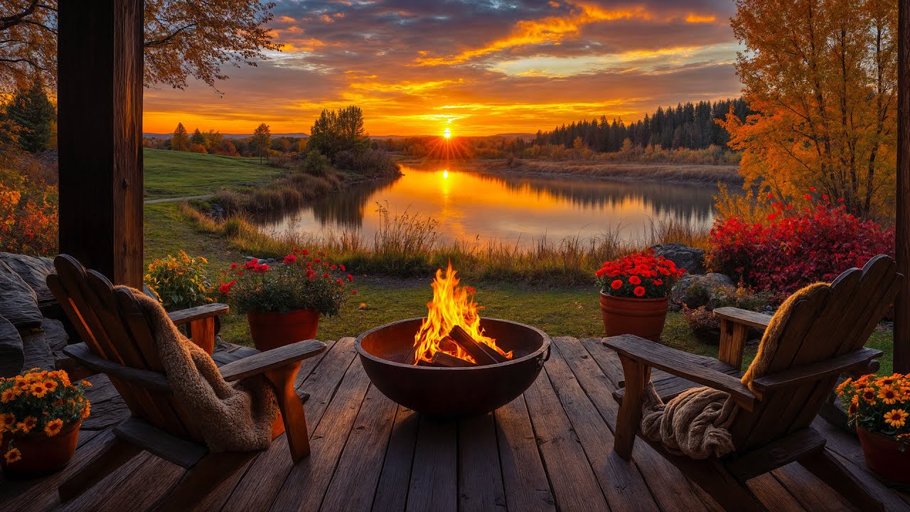 Beautiful Autumn Sunset on Riverside Porch | Cozy Fire Pit & Gentle Birdsong | Calm Fall Atmosphere