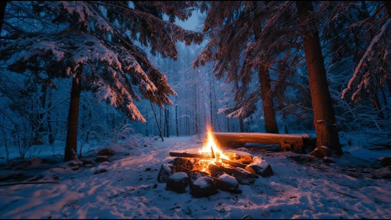 🔥Campfire with Snow Crackling in the mountains 4K ❄️