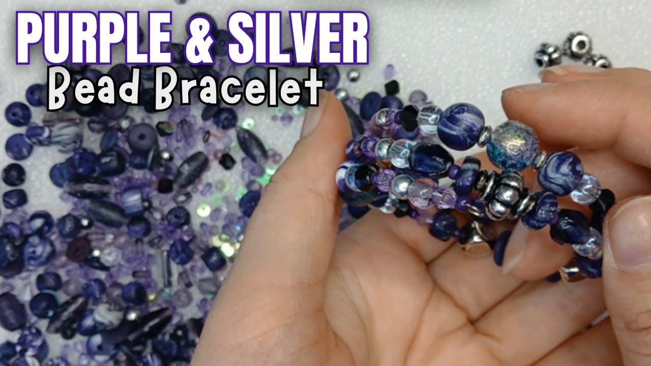 Dark Purple & Silver Memory Wire Bead Bracelet