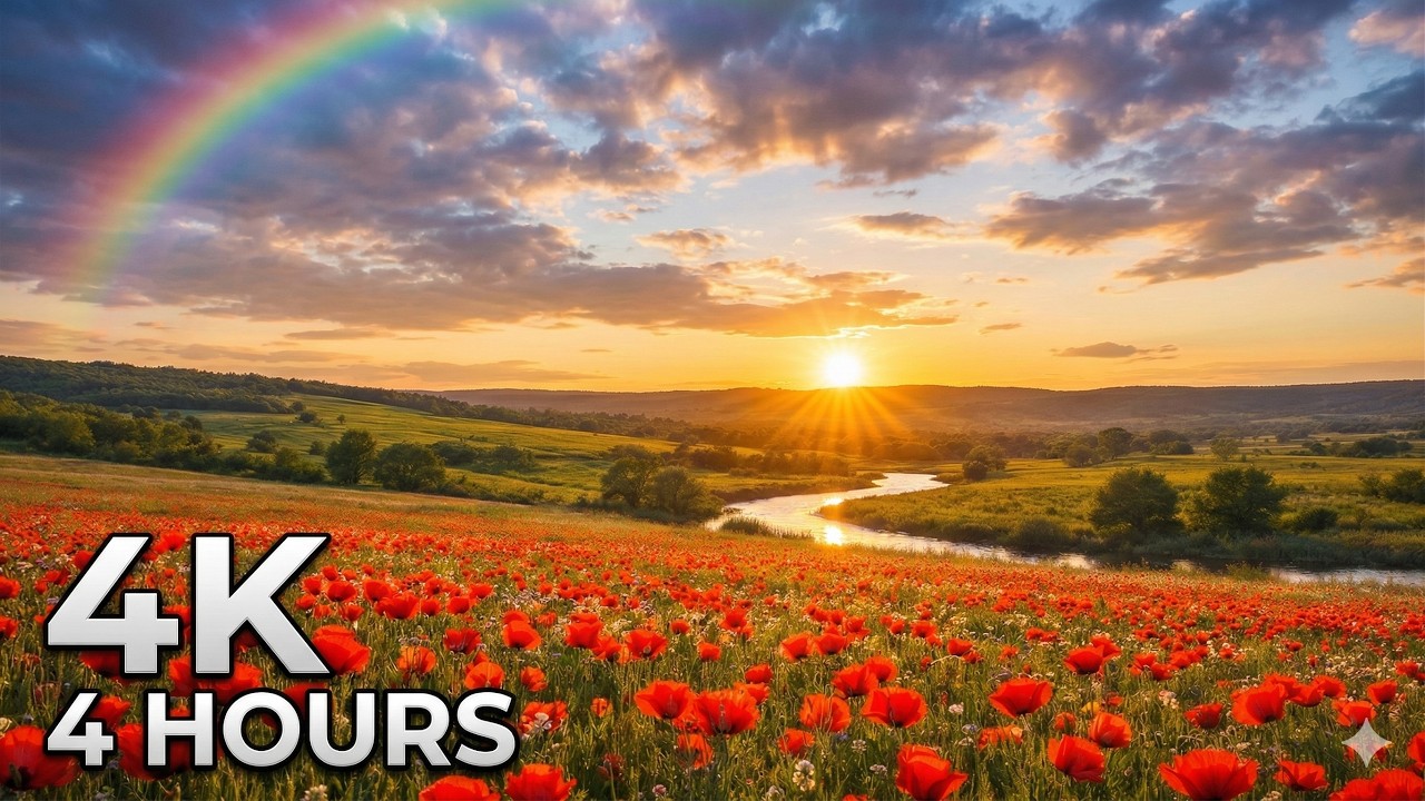 4K 4 Hours Beautiful Nature - Relaxing Sunset & Poppy Field Ambience, Meditation