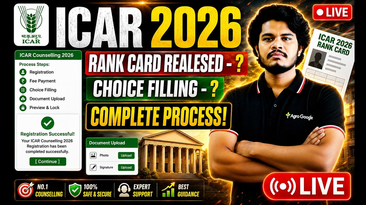 ICAR 2026 Counselling LIVE 🔴 Rank Card Release Date, Choice Filling & Full Process kisko melega uni
