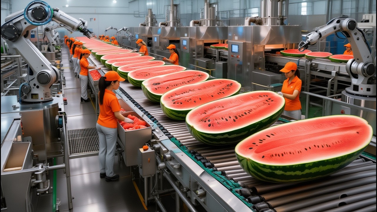 Inside Watermelon Juice Factory: From Whole Melons to Pure Juice! Full Process