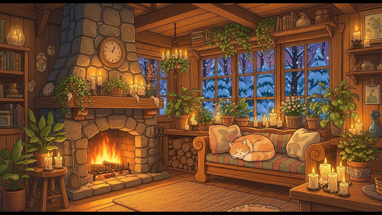 Quiet Cozy Cabin Fireplace with Rain Sounds 4K ☔🔥 Relaxing Lofi Music for Reading & Rest #4