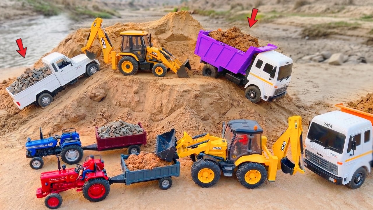🚜JCB 5CX Loading Mud Mix Sand Stone in Dumper Truck & Tractor Pickup | JCB Ki Khudai | OCM Toys