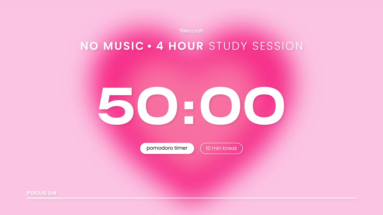 50/10 Pomodoro Timer (No Music) | 4 Hour Pink Heart Study Session | Timecraft