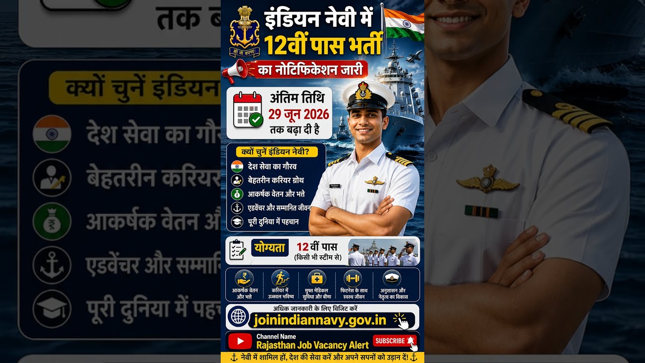 ✅ Indian Navy 12th Pass Recruitment 2026 | अंतिम तिथि 29 जून तक बढ़ी | Navy Bharti Notification