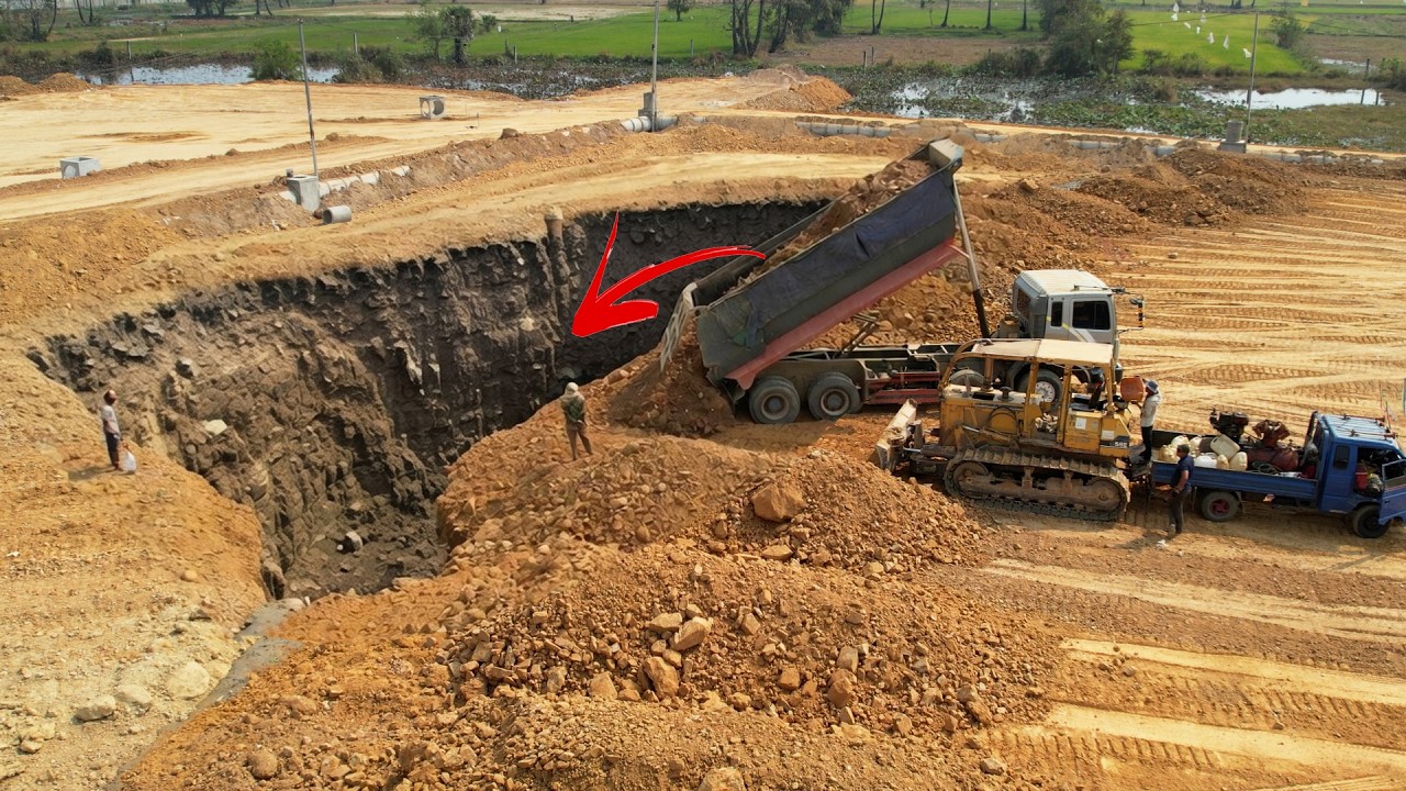 Amazing Display With Mighty Power Bulldozer Pushing Soil Dirt Filling in Lowland Protect Floods