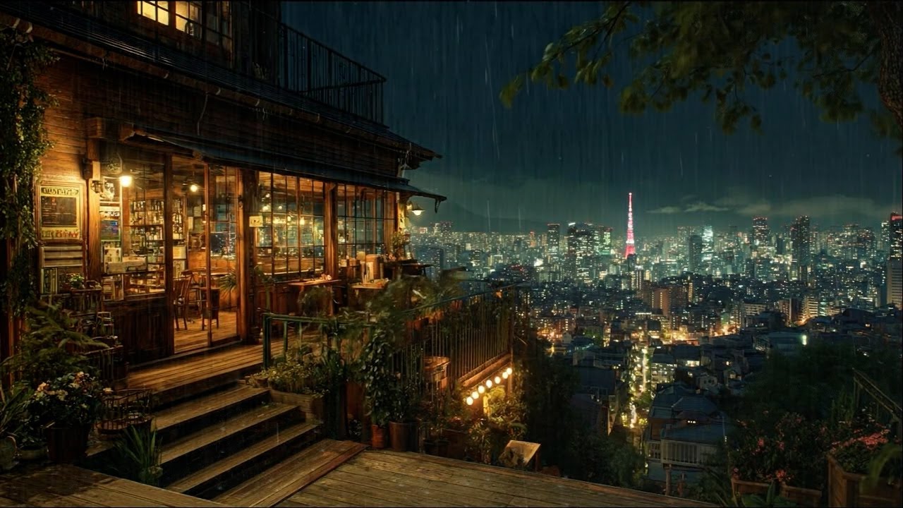 Rainy Rooftop Café ☔ Chill Lo-fi Beats for Study, Relax & Sleep | Night City Ambience