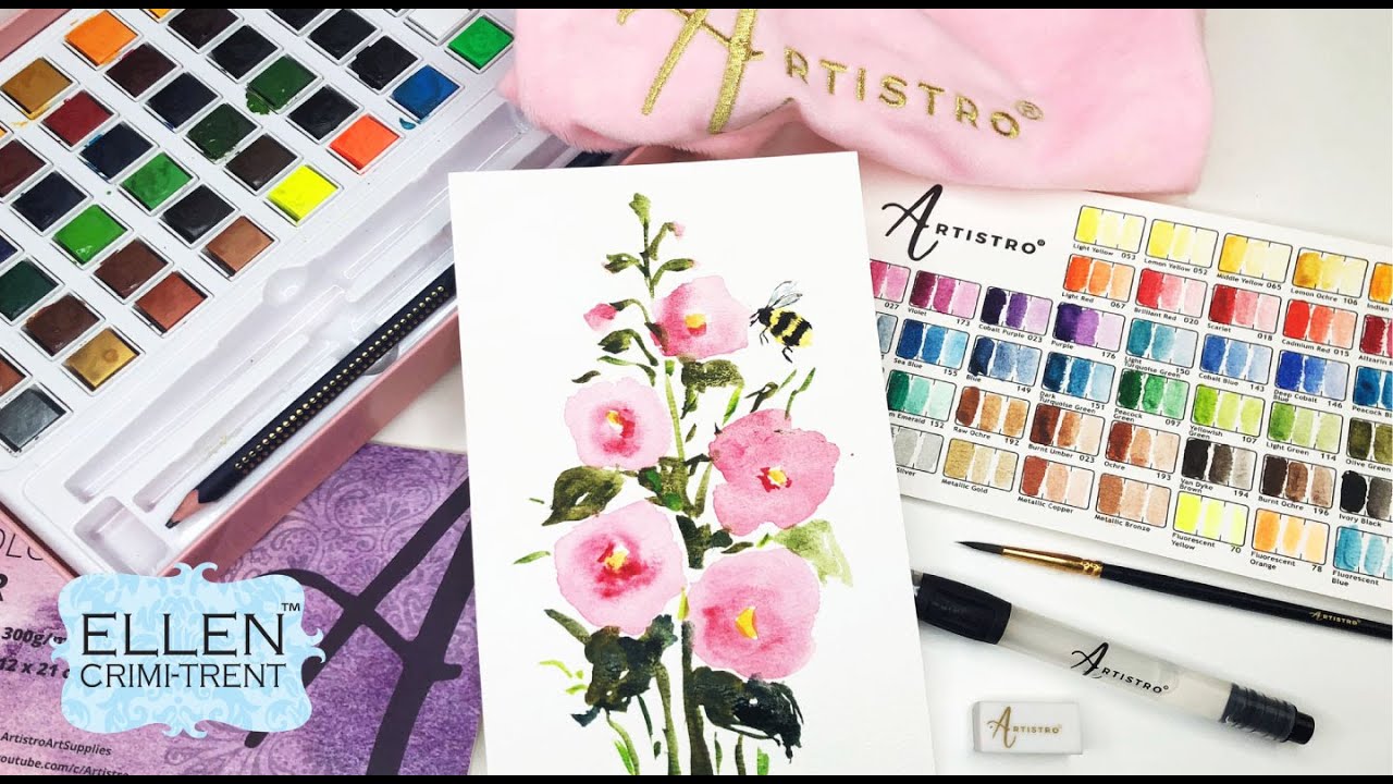 Watercolor Hollyhock painting and Unboxing Artistro's new 48 pan paint set