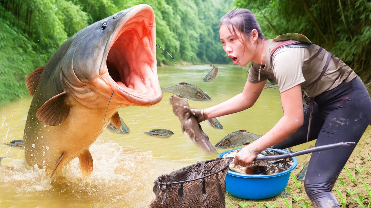 Lucky Encounter with Monster Fish - Catching Giant Carp in the Forest on Rainy Day to Sell at Market