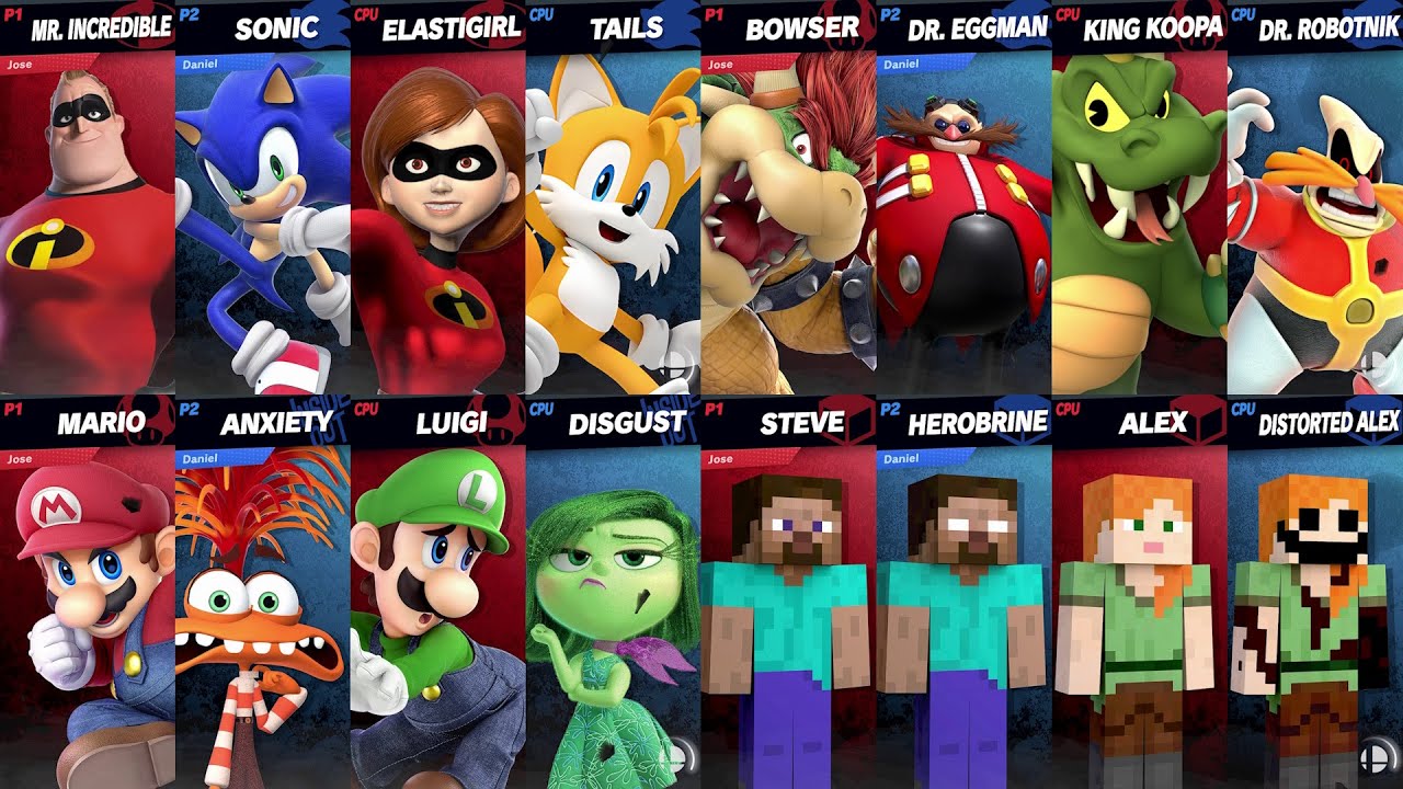 Sonic and Tails vs Mr Incredible and Elastigirl | Mario vs Disgust | Super Smash Bros Ultimate