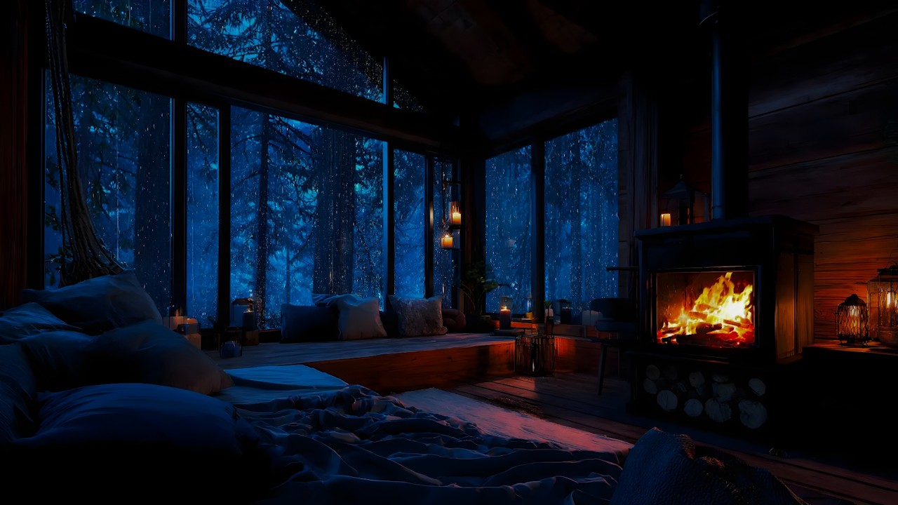 Calming Rain with Soft Thunder Sounds - Fall Asleep fast - Relaxing Rain, Thunder & Fireplace