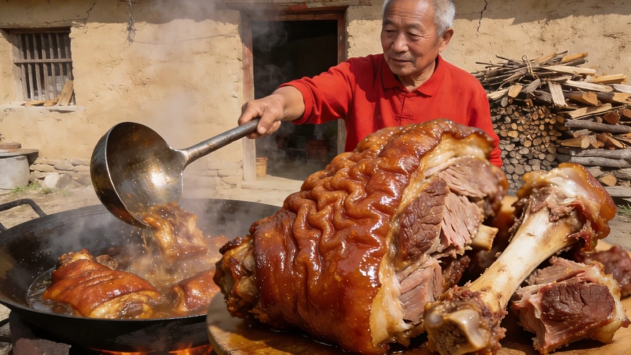 村厨老爸做的虎皮大排骨肘子，直接上手大口啃，皮脆肉嫩真过瘾#农村美食#大肘子#村厨