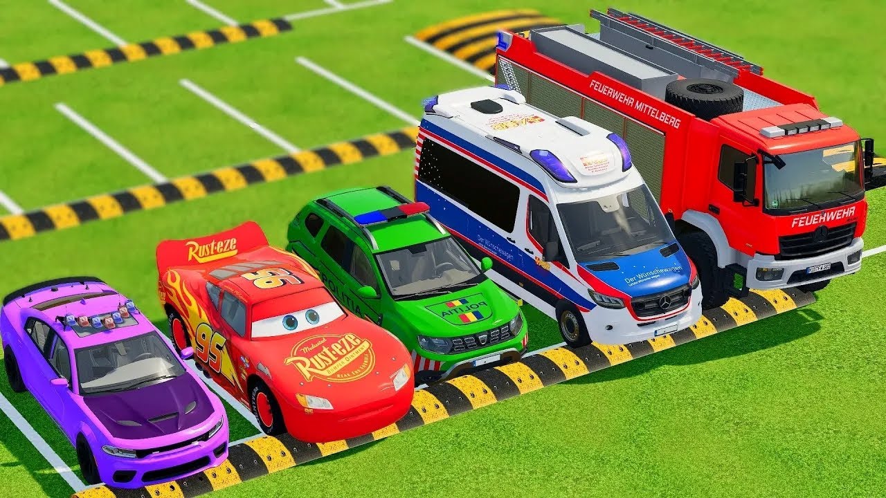 TRANSPORTING CARS, AMBULANCE, POLICE CARS, FIRE TRUCK OF COLORS! WITH TRUCKS! - FS 22