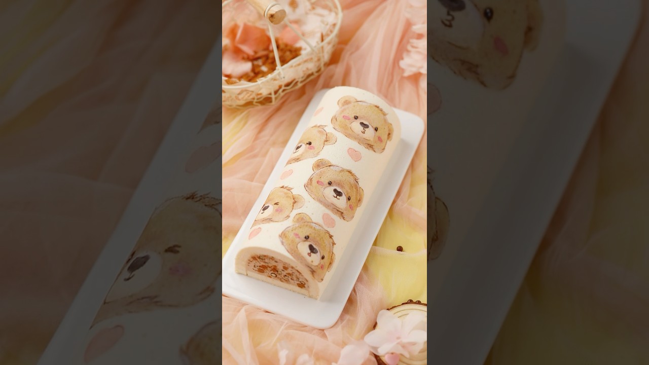 🎉 Online Class: Cute Bear Painted Cake Roll🧸#rollcake #dessertrecipe #bakingcourse #bearcake