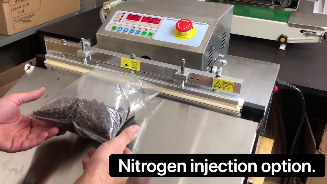 Nitrogen injection for coffee bags. Heat sealer with vacuum and gas injection option for coffee.