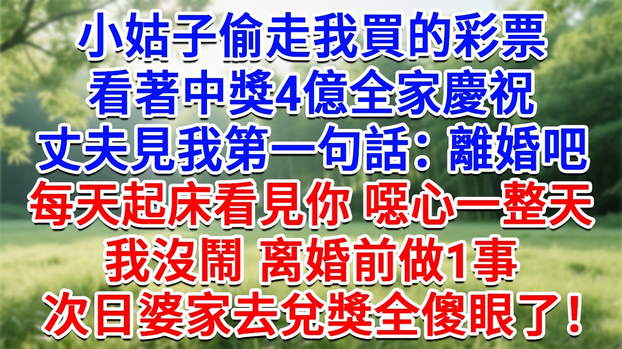小姑子偷走我買的彩券，看著中獎4億全家慶祝，丈夫見我第一句話：離婚，我每天起床，看見你噁心一整天。我沒鬧直接做1事，兌獎現場婆家全傻眼了！#為人處世#生活經驗#情感故事#故事#小說#戀愛#情感#婚姻