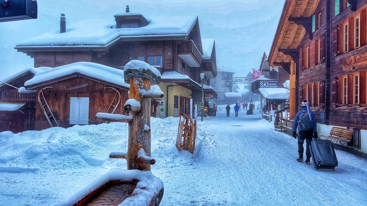 Snowfall in Switzerland countryside - Relaxing snowy walk in most beautiful Swiss villages