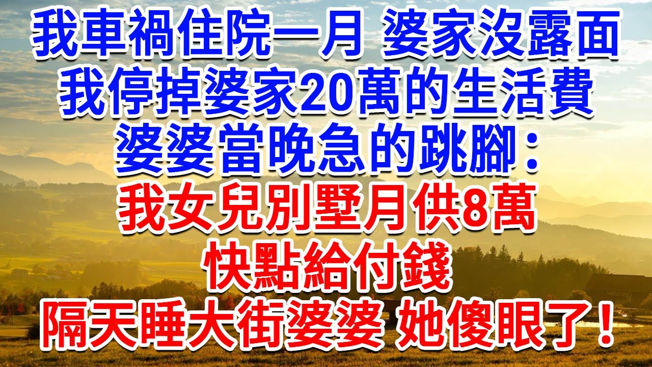 我車禍住院一月婆家沒露面，我停掉20萬的生活費，婆婆當晚急的跳腳：我女兒別墅月供8萬，快點給付錢，隔天婆婆也睡大街 她傻眼了！#為人處世#生活經驗#情感故事#故事#小說#戀愛#情感#婚姻