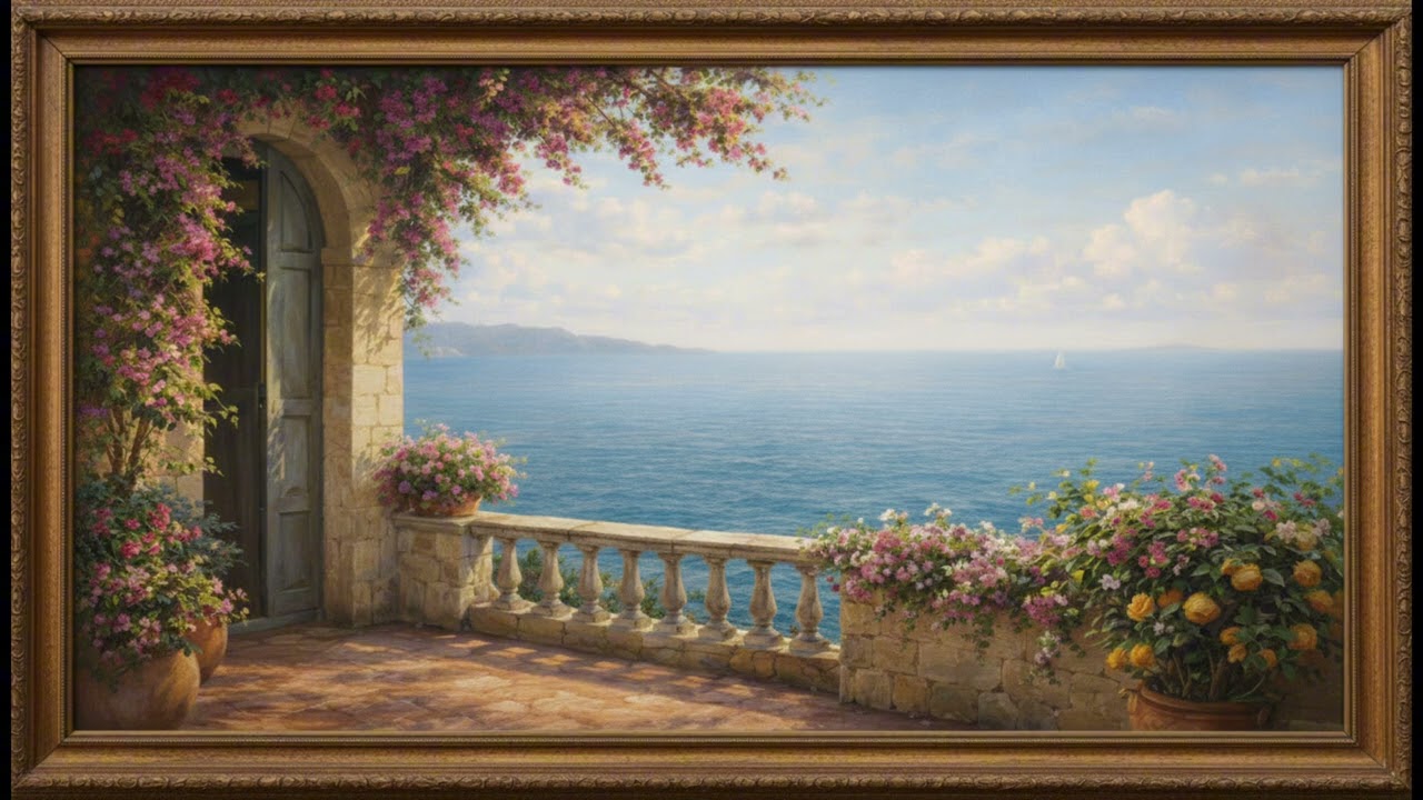 Mediterranean Balcony Overlooking the Sea | Gold Frame TV Art Screensaver for TV | No Music