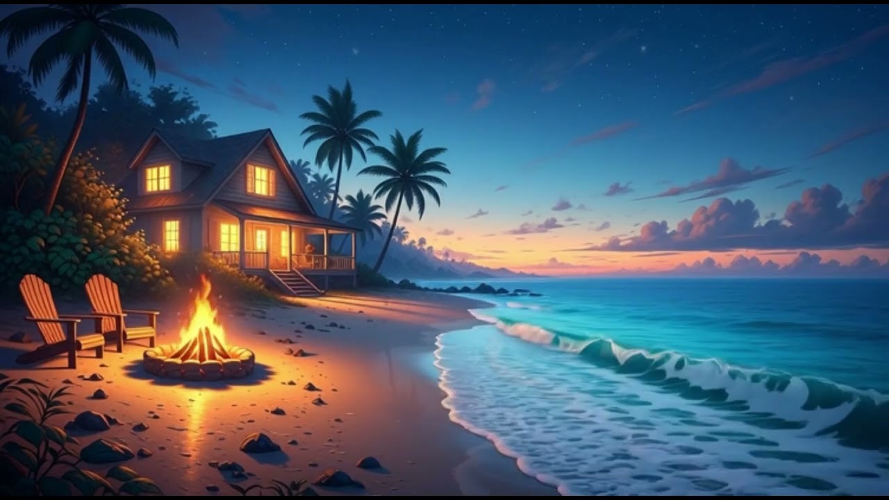 Relaxing stress Beautiful scenery by the sea at night, sleep listening to the music.