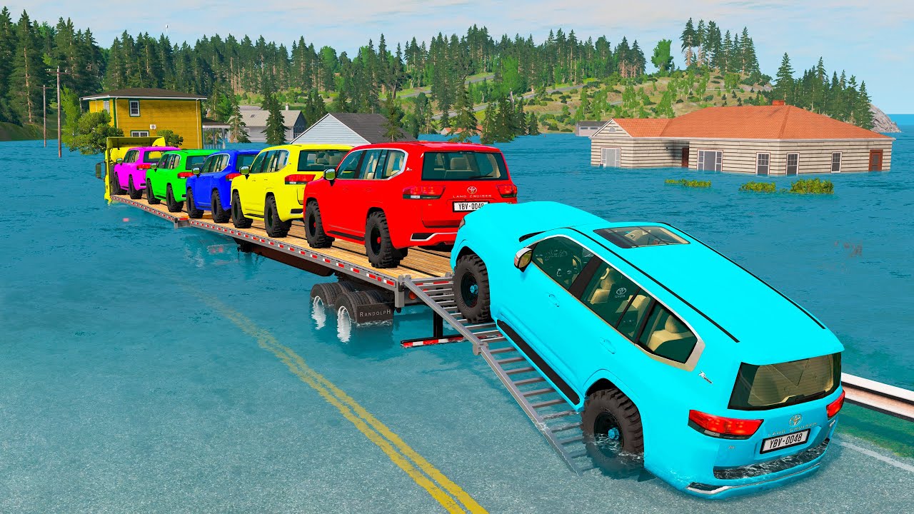 Triple Flatbed Trailer McQueen Transportation with Truck - Speedbumps vs Cars vs Train - BeamNG #250