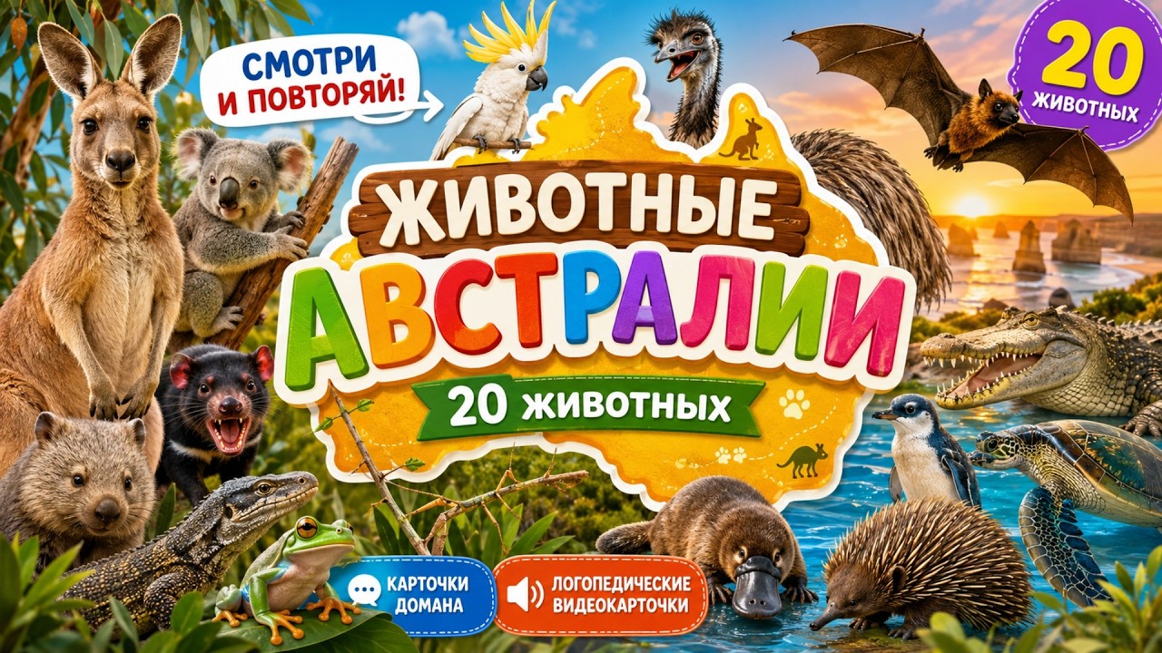 Животные Австралии 🦘 | Видео карточки Домана и логопедические видео карточки для малышей