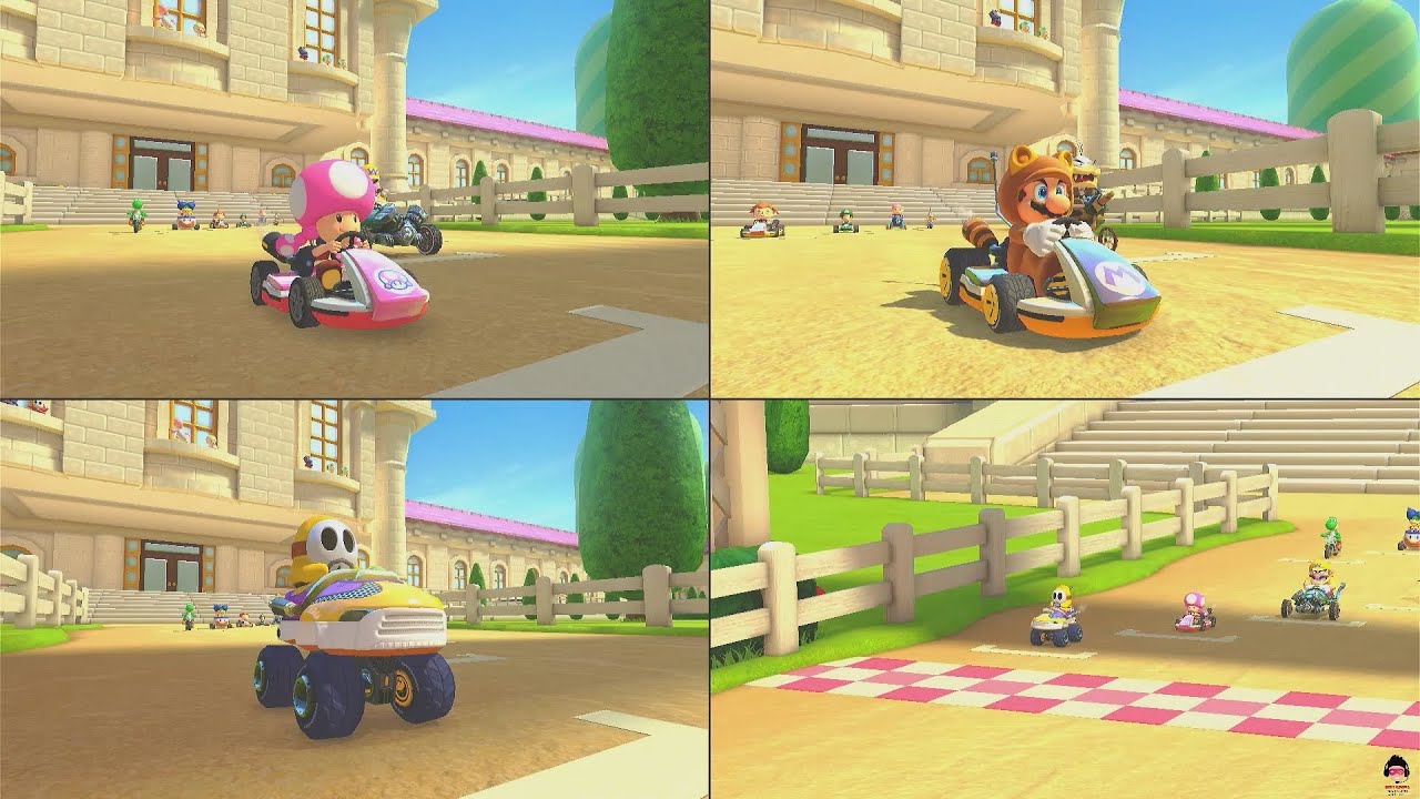 Mario Kart 8 Deluxe - Tanooki Mario vs Toadette vs Lakitu in Berlin Byways, Merry Mountain, ...