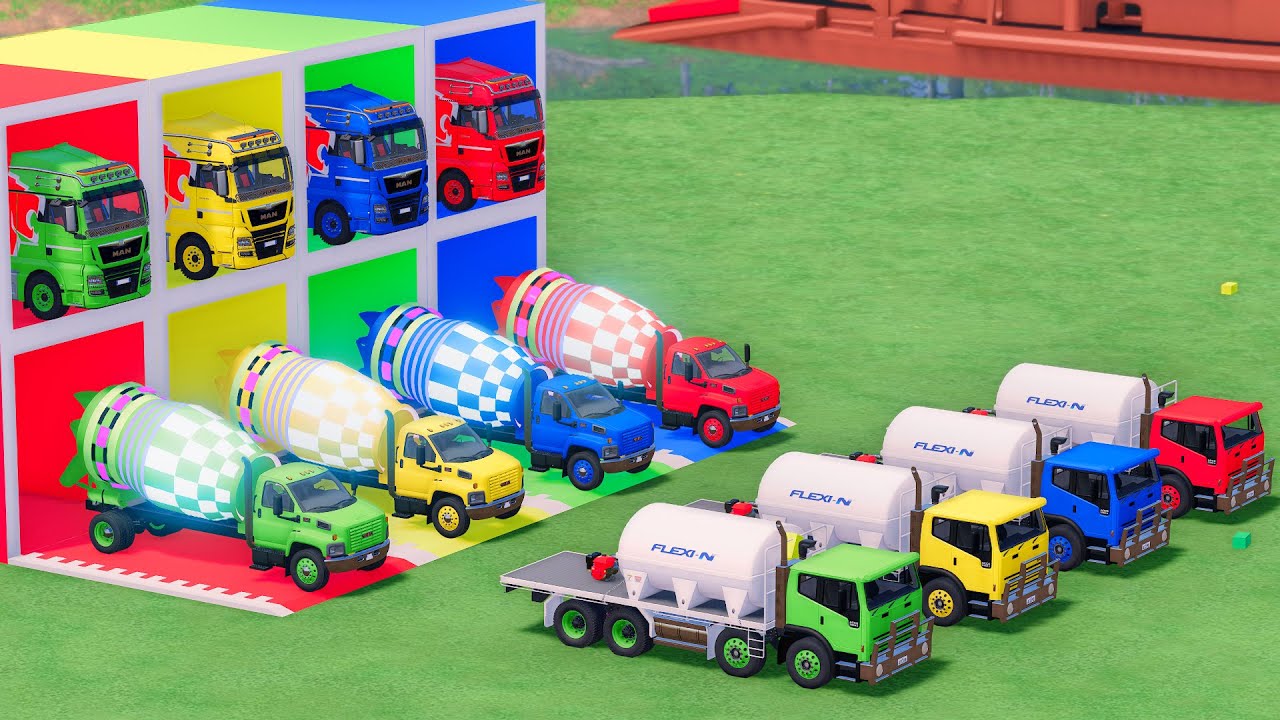 Trucks With COLORS - GMC MIXER TRUCK and INTERNATIONAL WATER TRUCK with MAN FLATBED TRAILER TRUCK