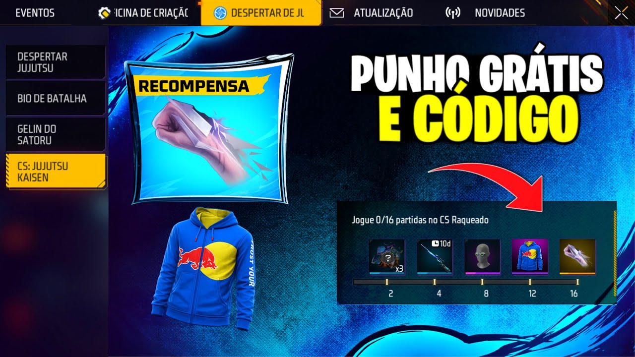 AÍ SIM! PUNHO GRÁTIS, GELO E CODIGUIN RED BULL FÁCIL NO FREE FIRE🔥