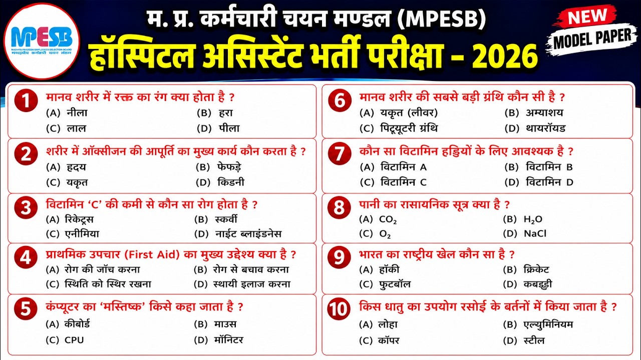 mp hospital assistant most important questions 2026 | mp hospital assistant 24 june 2026 paper