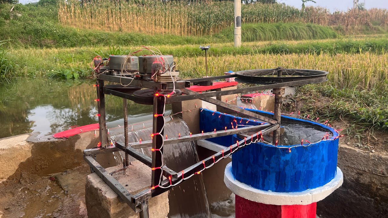 Unique mini-hydroelectric construction with one turbine and two units