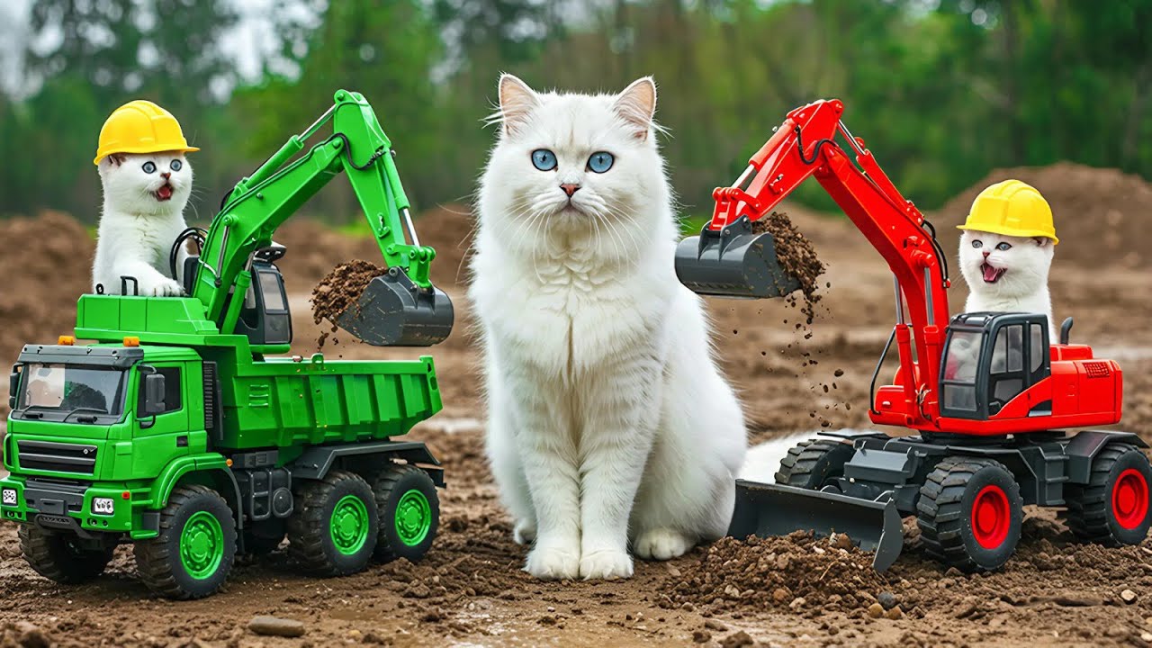 Mama Cat & Kittens Drive Excavator, Truck & Crane Together To Help Lion Rebuild Colorful Wall 🦁❤️🐱🐾