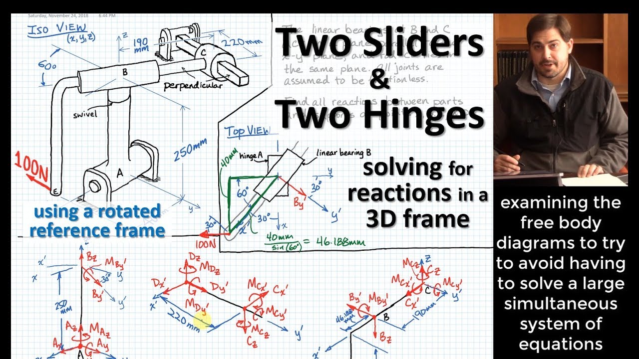 Two Hinges & Two Sliders: Finding Reactions in 3D Frame | Sequential Solution to System of Equations