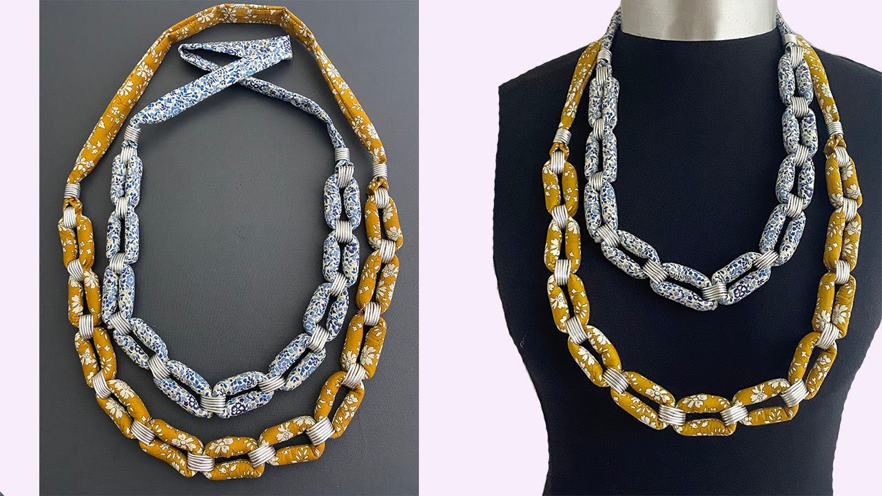 💖 Diy Beautiful Liberty Fabric Chain Link necklace | Long Fabric Necklace | | Collar de tela | हार