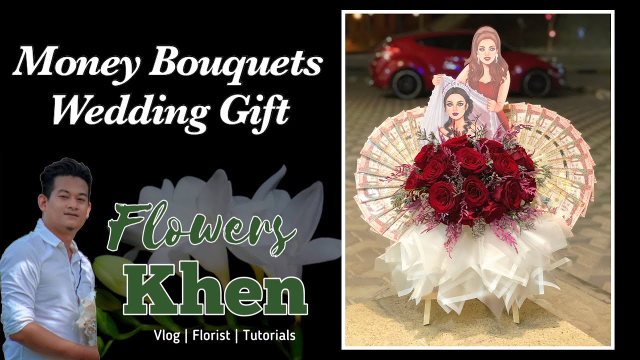 Money Bouquet in Wood Stand | Fresh Flower Arrangement Idea