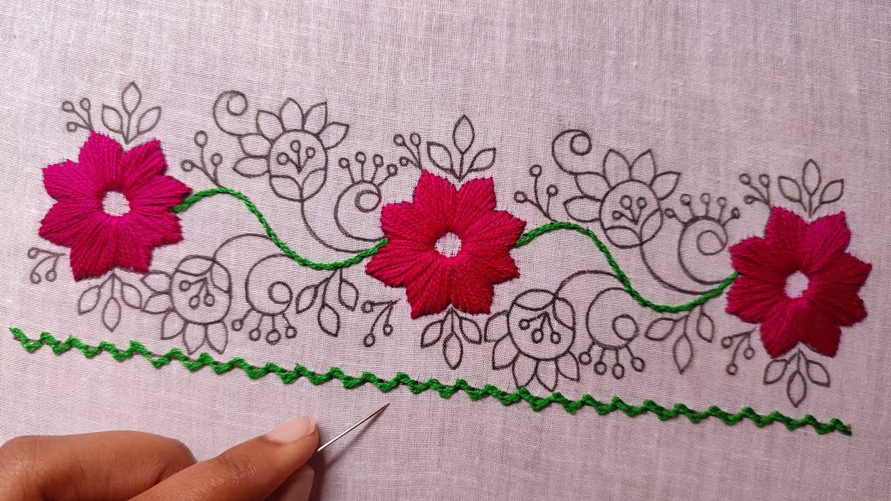 Phulkari hand embroidery colourful dress design,ফুলকারি কামিজের ঝুলের জন্য হাতের নকশা সেলাই ডিজাইন