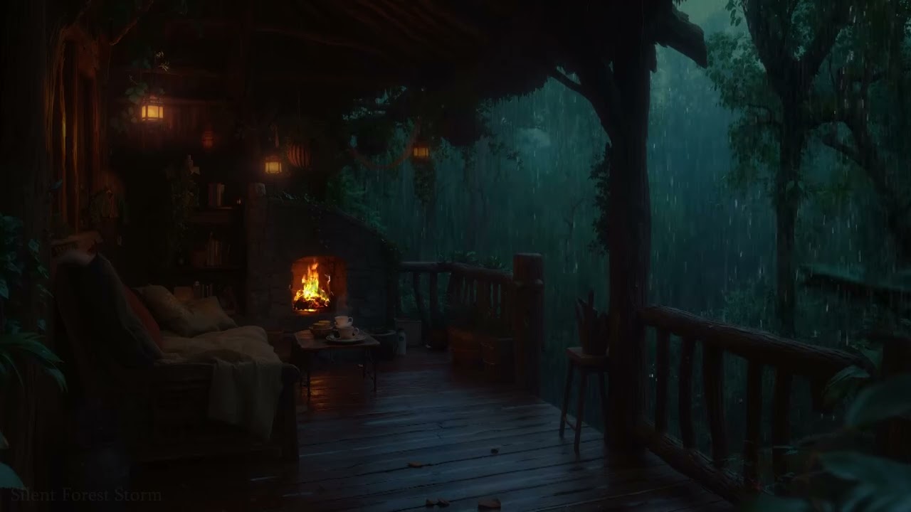 Gentle Forest Rain with Thunder & Fire 🌧️ Calm Night Atmosphere | Deep Rest, Study & Peace