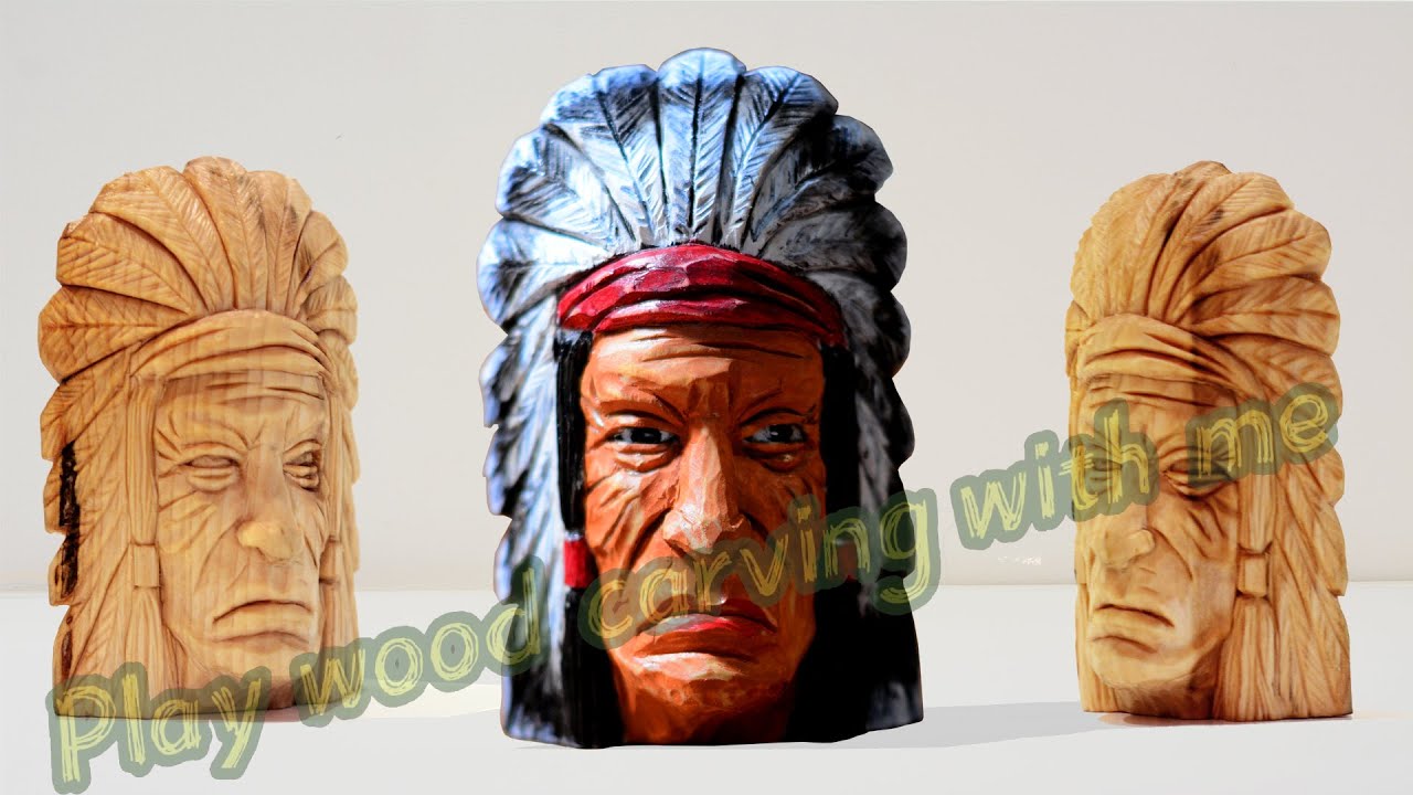 Wood carving of Indian chiefs, figure face carving process；wood whittling